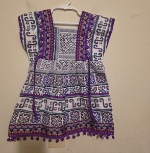 Purple and White Geometric Dress with Pom-Poms Size 2T To 4T